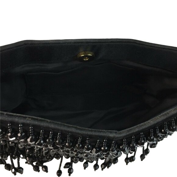 Little Black Formal Evening Purse Beaded Handbag Fabric 8.5 x 3.5 With Handle u - Picture 5 of 6
